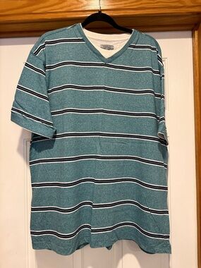Men's Teal Striped V-Neck Short Sleeve Tee